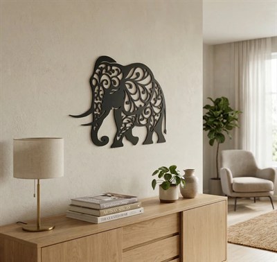 Dekoratif Fil Duvar Tablosu MDF Lazer Kesim Etnik Motifli Modern Duvar Süsü