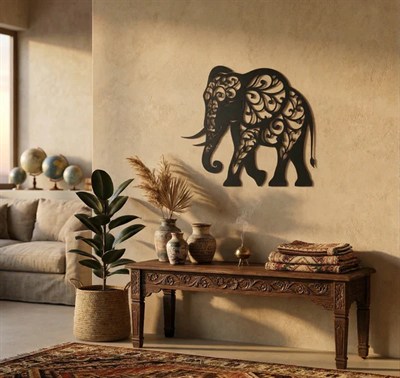 Dekoratif Fil Duvar Tablosu MDF Lazer Kesim Etnik Motifli Modern Duvar Süsü