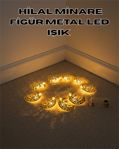 Dekoratif Minareli Hilal LED Işık Metal Gövdeli Ramazan Aydınlatma