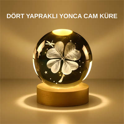 Dekoratif Yonca Görünümlü Işıklı Kristal Cam Küre USB Masa Gece Lambası
