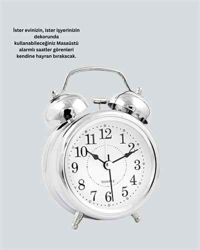 Dekoratif Yuvarlak Gümüş Sessiz Işıklı Masa Üstü Çalar Saat Alarmlı ve Şık Tasarım