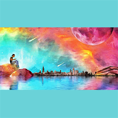 Deniz , Ay ve Şehir Silüeti Kanvas Tablo 60 x 120