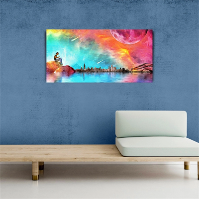 Deniz , Ay ve Şehir Silüeti Kanvas Tablo 60 x 120