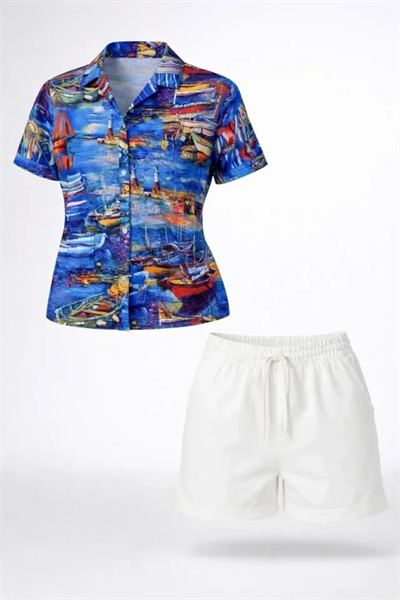 Deniz Temalı Desenli Kısa Kol Gömlek Şort Takım Yazlık Rahat Kalıp - Desenli