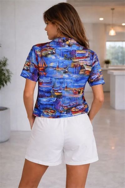 Deniz Temalı Desenli Kısa Kol Gömlek Şort Takım Yazlık Rahat Kalıp - Desenli