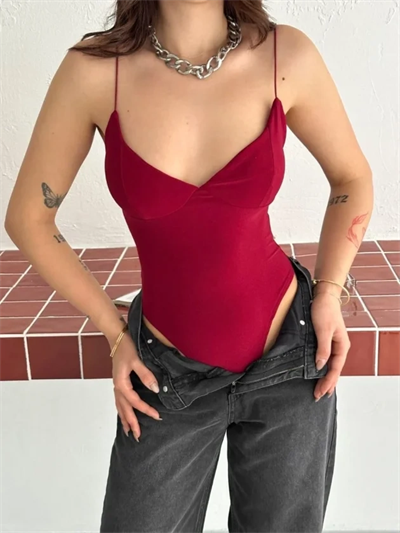 Derin Dekolte Askılı Body Sırt Dekolteli Şık Kolsuz Yazlık Bodysuit - Kırmızı