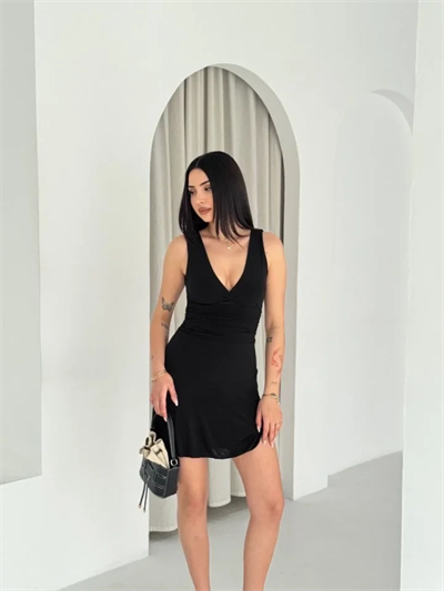 Derin V Yaka Sırt Dekolteli Mini Elbise Drapeli Şık Kolsuz - Siyah