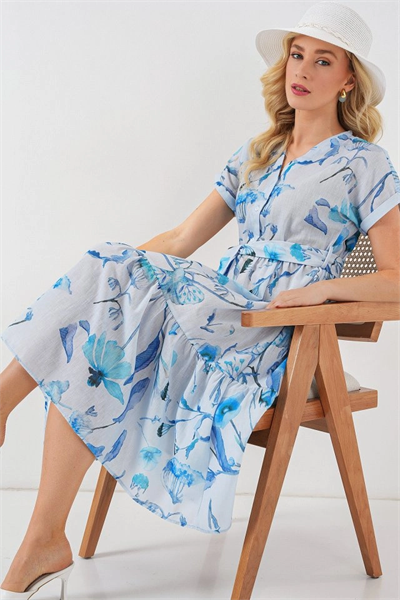 Desenli Kısa Kol Elbise 2558 - Mavi