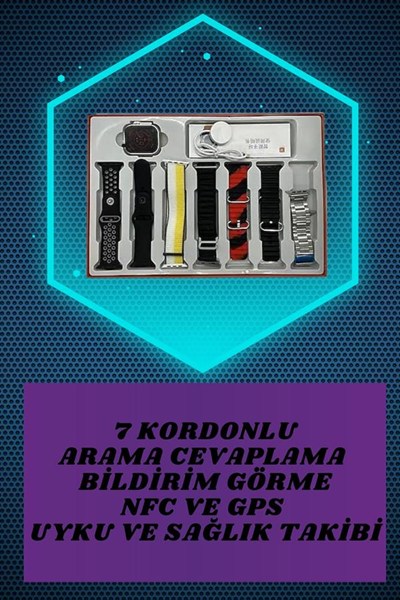 Dijital Göstergeli Powerbank Kablosuz Kulaklık ve 7 Kordonlu Yeni Nesil Akıllı Saat Dokunmatik Kontrol