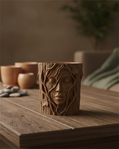 Doğa Temalı Yüz Detaylı Dekoratif Vazo 3D Ağaç Desenli Şık Saksı