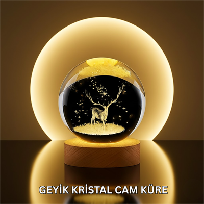 Doğal Ahşap Standlı Geyik Figürlü Kristal Küre LED Dekoratif Lamba