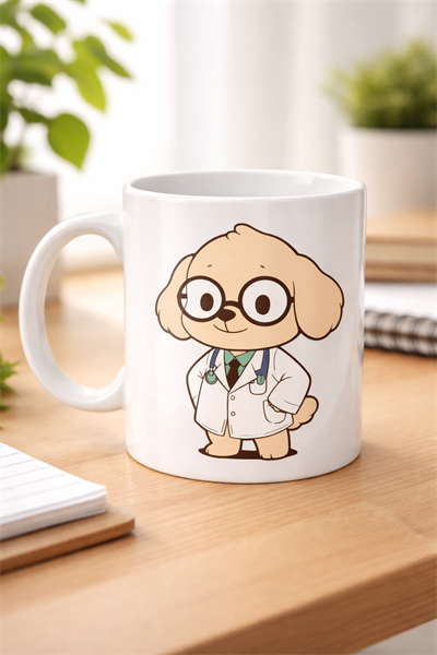 Doktor Köpek Tasarımlı Porselen Kupa MODEL 175 – Sevimli Veteriner / Doktor Temalı Kahve Kupası – Hayvan Severlere Hediye Kupa