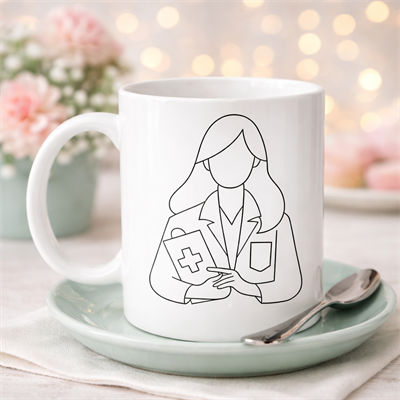 Doktor Temalı Porselen Kupa MODEL 173 – Kadın Doktor Çizimli Kahve Kupası – Sağlık Çalışanı Hediyesi – Doktorlara Özel Tasarım Kupa