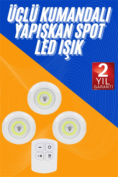 Dolap Işığı Mutfak Rafı Işığı Uzaktan Kumandalı 3 Lü Spot Led Lamba