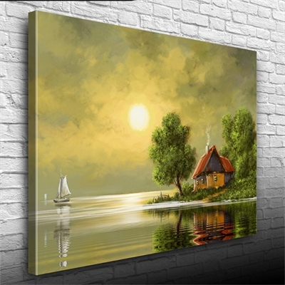 Dolunay ve Göl kenarındaki Ev Yağlıboya Kanvas Tablo 50 x 70