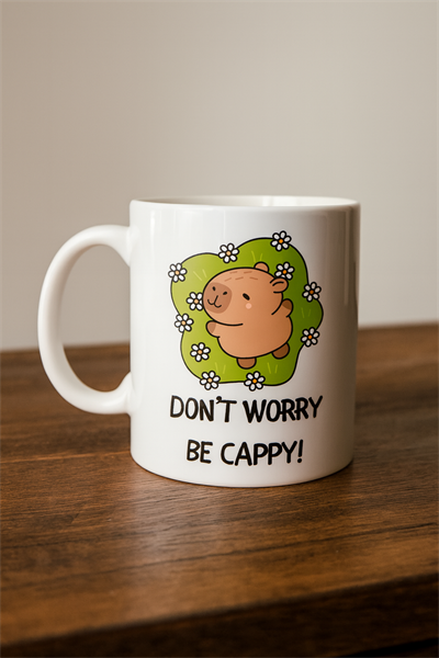 Don’t Worry Be Cappy Tasarım Kupa Model 231 Sevimli Kapibara Baskılı Seramik Kahve Kupası