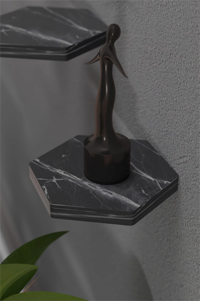 Duvar Rafı Dekoratif 3 Adet Çiçeklik Altıgen Siyah Mermer Desen