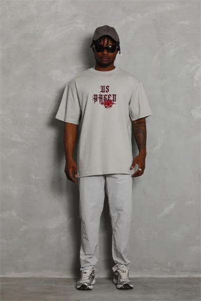 ERKEK Oversize Baskılı Bisiklet Yaka T-Shirt - Gri