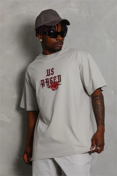 ERKEK Oversize Baskılı Bisiklet Yaka T-Shirt - Gri