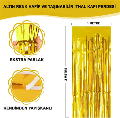 Ekstra Metalize Parlak Saçaklı Arka Fon Perde Gold
