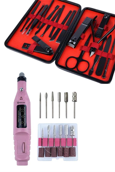Elektrikli Manikür Pedikür Seti İkili Set 17 Parça Tırnak Bakımı Nasır Temizleme Tırnak Şekillendirme