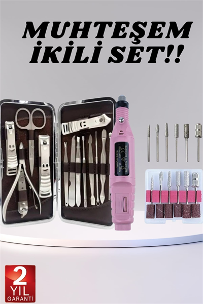 Elektrikli Manikür Pedikür Seti İkili Set 12 Parça Tırnak Bakımı Törpü Protez Çıkarma