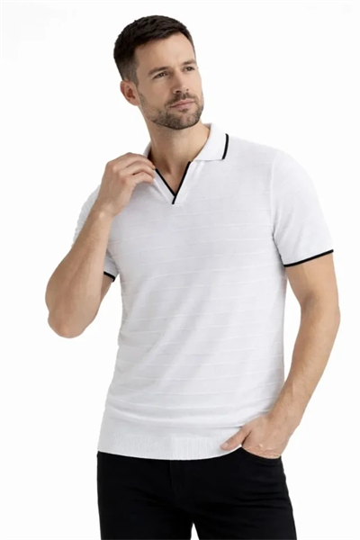 Erkek 2’li Paket Triko Yakalı Düğmesiz Açık Yaka Fitilli Kısa Kollu Regular Fit Tişört - Beyaz - Siyah