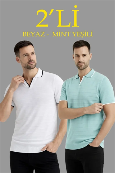 Erkek 2’li Paket Triko Yakalı Düğmesiz Açık Yaka Fitilli Kısa Kollu Regular Fit Tişört - Beyaz - Mint Yeşili