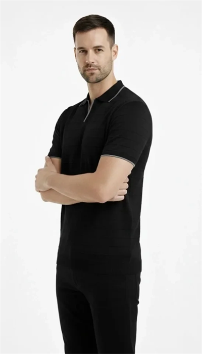 Erkek 2’li Paket Triko Yakalı Düğmesiz Açık Yaka Fitilli Kısa Kollu Regular Fit Tişört - Beyaz - Siyah