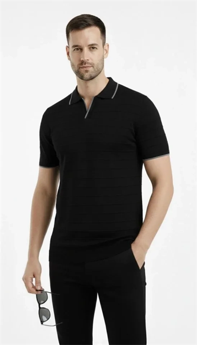 Erkek 2’li Paket Triko Yakalı Düğmesiz Açık Yaka Fitilli Kısa Kollu Regular Fit Tişört - Beyaz - Siyah