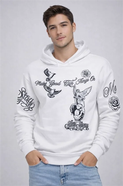 Erkek 3 İplik Pamuklu Kapüşonlu Baskılı SweatShirt Hoodie - Beyaz