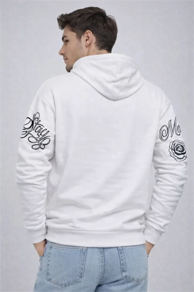 Erkek 3 İplik Pamuklu Kapüşonlu Baskılı SweatShirt Hoodie - Beyaz