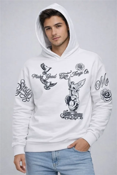 Erkek 3 İplik Pamuklu Kapüşonlu Baskılı SweatShirt Hoodie - Beyaz