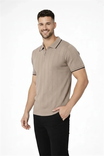 Erkek 3’lü Paket Dokuma Triko  Fermuarlı Yakalı Fitilli Kısa Kollu Regular Fit Tişört - Kahverengi, Haki, Siyah