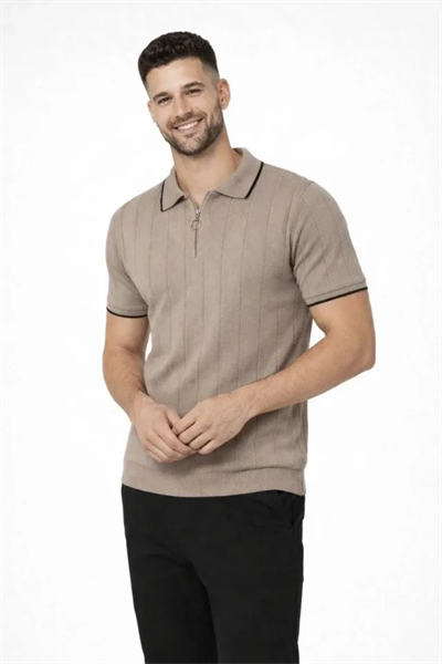 Erkek 3’lü Paket Dokuma Triko  Fermuarlı Yakalı Fitilli Kısa Kollu Regular Fit Tişört - Kahverengi, Beyaz, Siyah