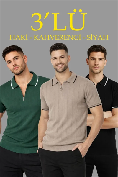 Erkek 3’lü Paket Dokuma Triko  Fermuarlı Yakalı Fitilli Kısa Kollu Regular Fit Tişört - Kahverengi, Haki, Siyah