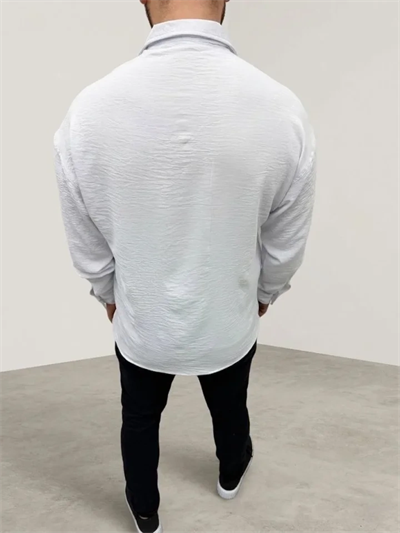 Erkek Aerobin Kumaş Oversize 4 Mevsim Uzun Kollu Rahat Kalıp Gömlek - Beyaz