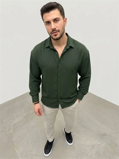 Erkek Aerobin Kumaş Oversize 4 Mevsim Uzun Kollu Rahat Kalıp Gömlek - Haki