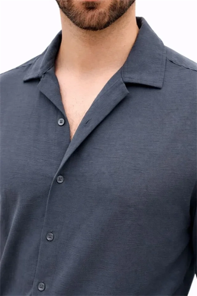 Erkek Aerobin Kumaş Oversize 4 Mevsim Uzun Kollu Rahat Kalıp Gömlek - Füme