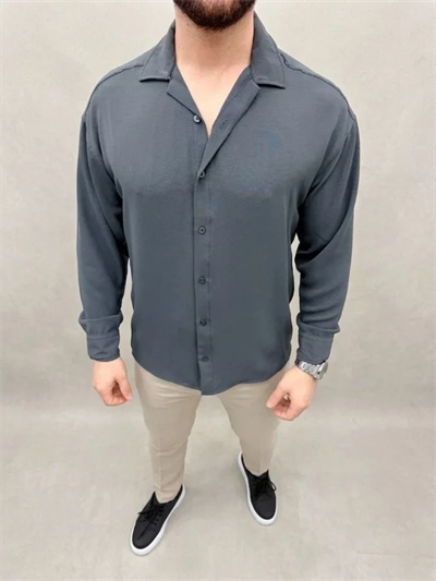 Erkek Aerobin Kumaş Oversize 4 Mevsim Uzun Kollu Rahat Kalıp Gömlek - Füme