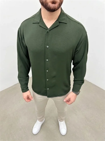 Erkek Aerobin Kumaş Oversize 4 Mevsim Uzun Kollu Rahat Kalıp Gömlek - Haki