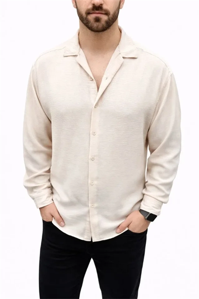 Erkek Aerobin Kumaş Oversize 4 Mevsim Uzun Kollu Rahat Kalıp Gömlek - Bej