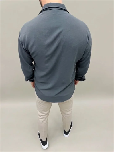 Erkek Aerobin Kumaş Oversize 4 Mevsim Uzun Kollu Rahat Kalıp Gömlek - Füme