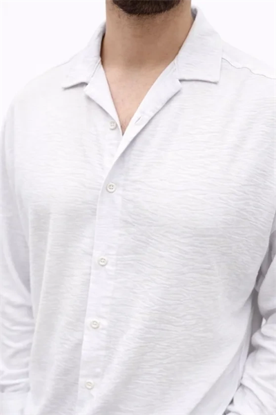 Erkek Aerobin Kumaş Oversize 4 Mevsim Uzun Kollu Rahat Kalıp Gömlek - Beyaz
