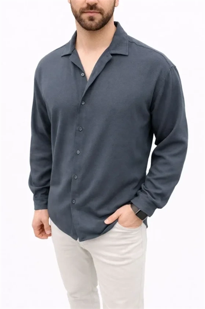 Erkek Aerobin Kumaş Oversize 4 Mevsim Uzun Kollu Rahat Kalıp Gömlek - Füme