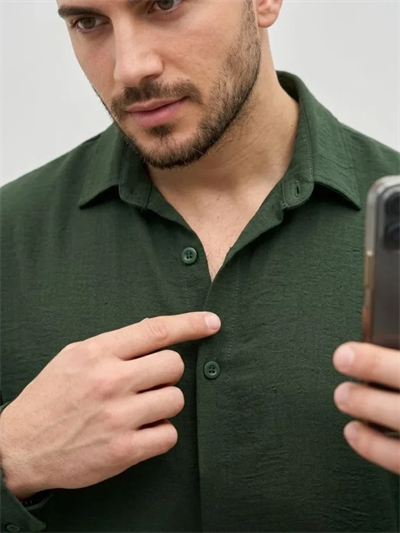 Erkek Aerobin Kumaş Oversize 4 Mevsim Uzun Kollu Rahat Kalıp Gömlek - Haki