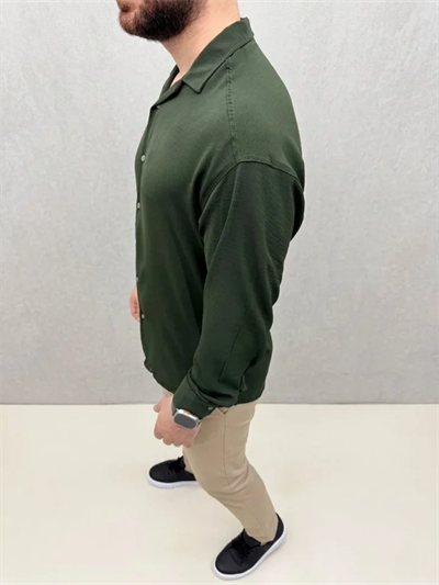 Erkek Aerobin Kumaş Oversize 4 Mevsim Uzun Kollu Rahat Kalıp Gömlek - Haki