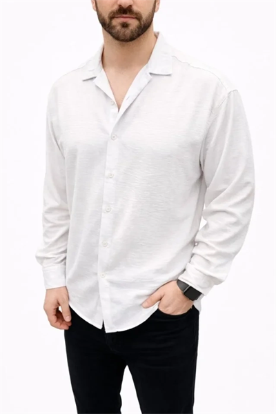 Erkek Aerobin Kumaş Oversize 4 Mevsim Uzun Kollu Rahat Kalıp Gömlek - Beyaz