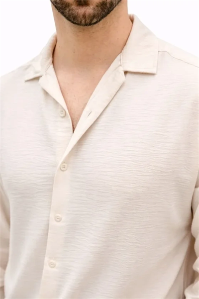 Erkek Aerobin Kumaş Oversize 4 Mevsim Uzun Kollu Rahat Kalıp Gömlek - Bej