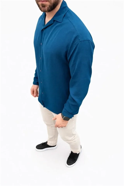 Erkek Aerobin Kumaş Oversize 4 Mevsim Uzun Kollu Rahat Kalıp Gömlek - İndigo